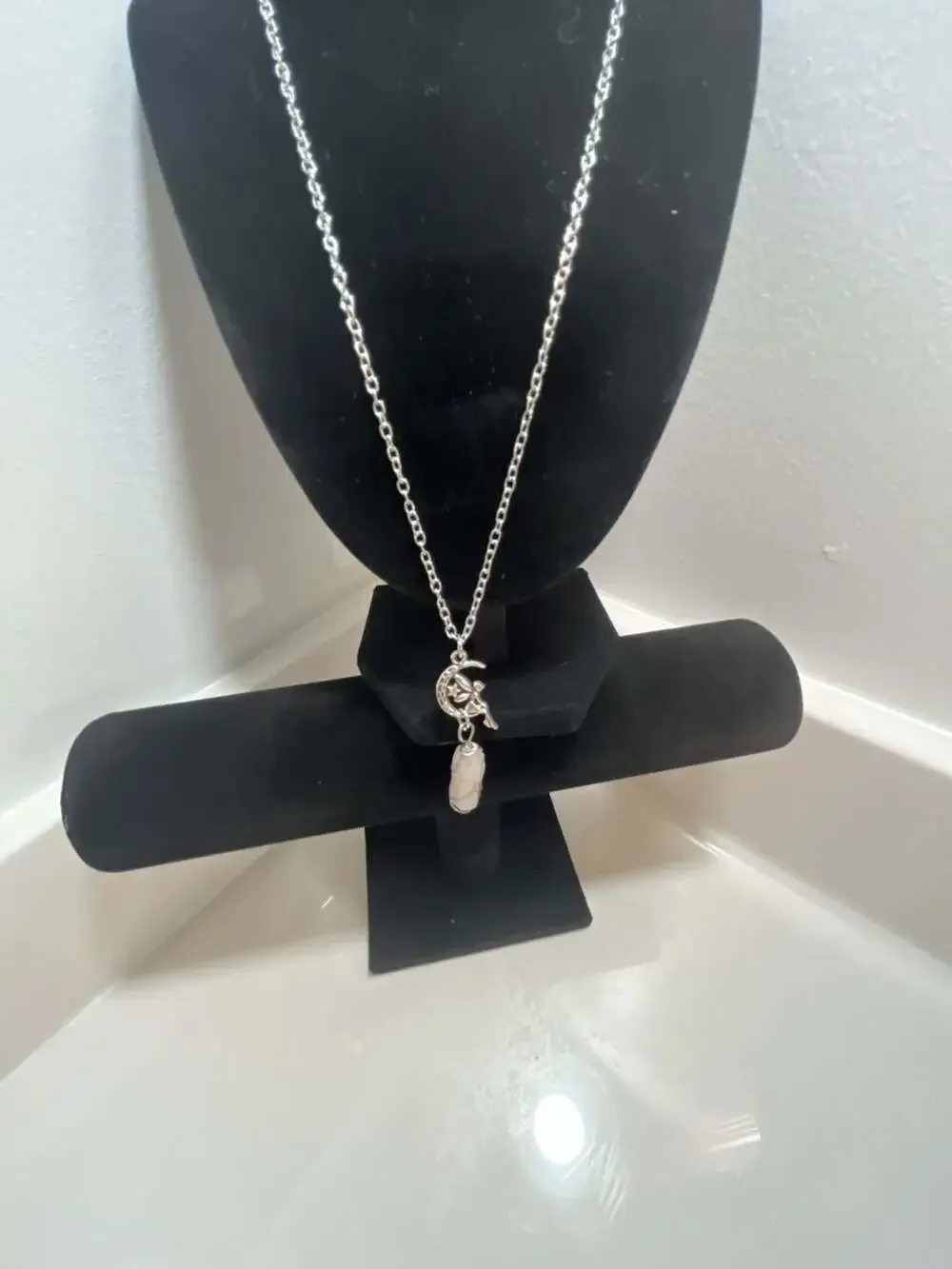 Wire Wrapped Rose Quartz Crystal and Crescent Moon Pendant Necklace